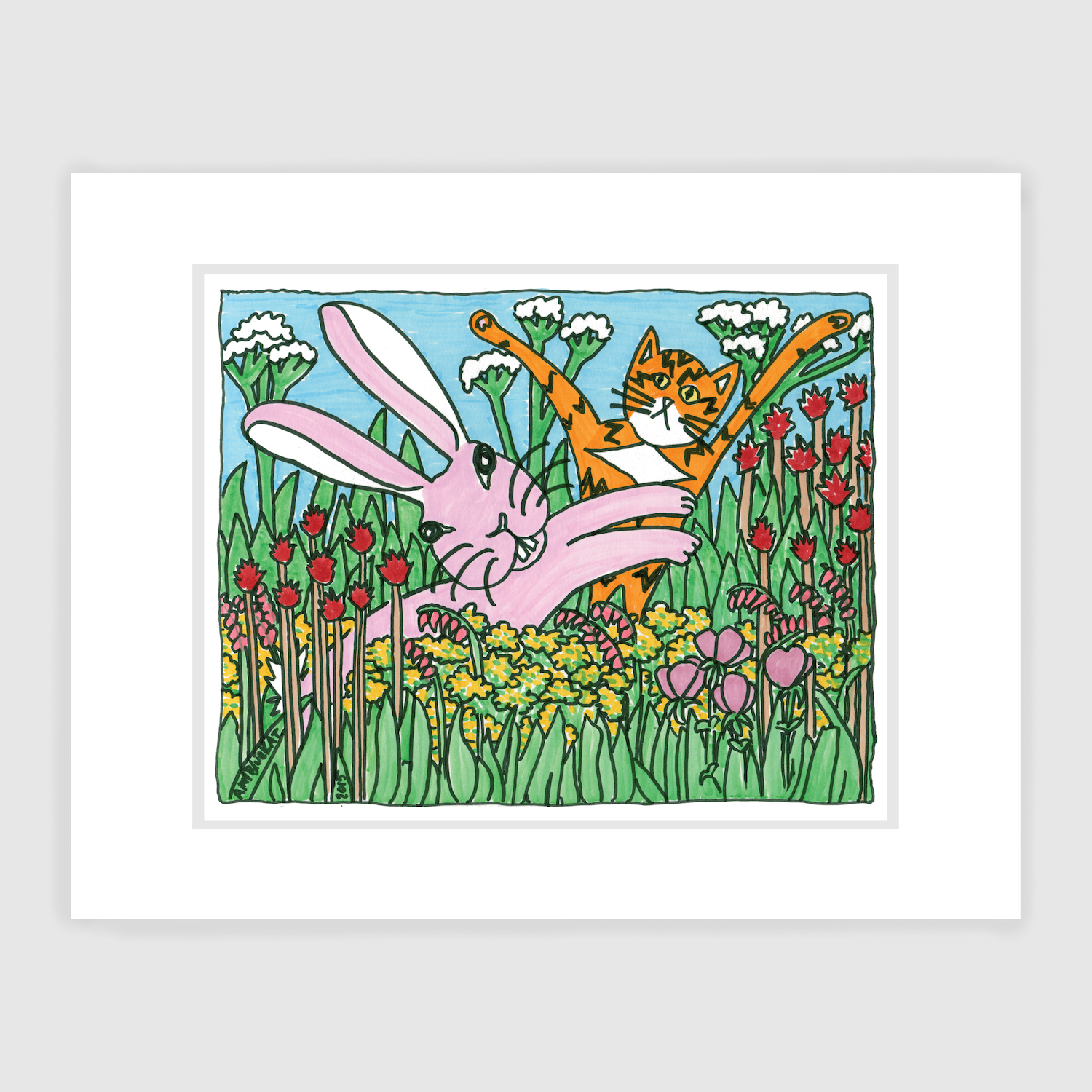 Superpussy-an orange cat with black stripes like lightning bolts and his paws in the air- is with a bunny rabbit jumping through a field of colorful blooming flowers.