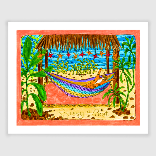 an art print of a colorful drawing featuring Superpussy-an orange cat- relaxing in a hammock underneath a thatched roof open-air palapa surrounded by palm trees.