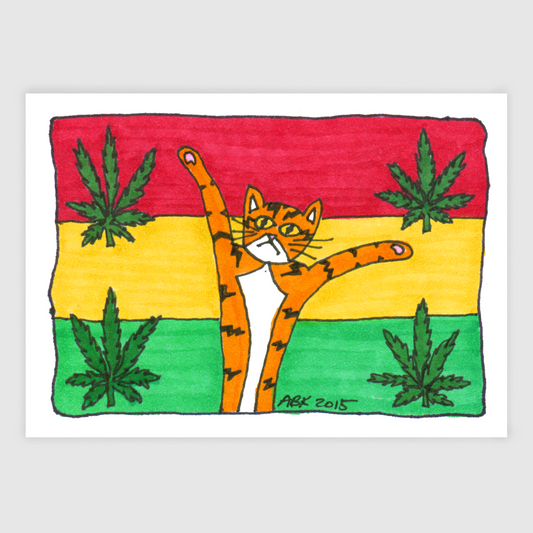 Superpussy-a cartoon orange cat with his paws in the air-standing in front of a red, yellow, and green flag decorated with cannabis leaves.