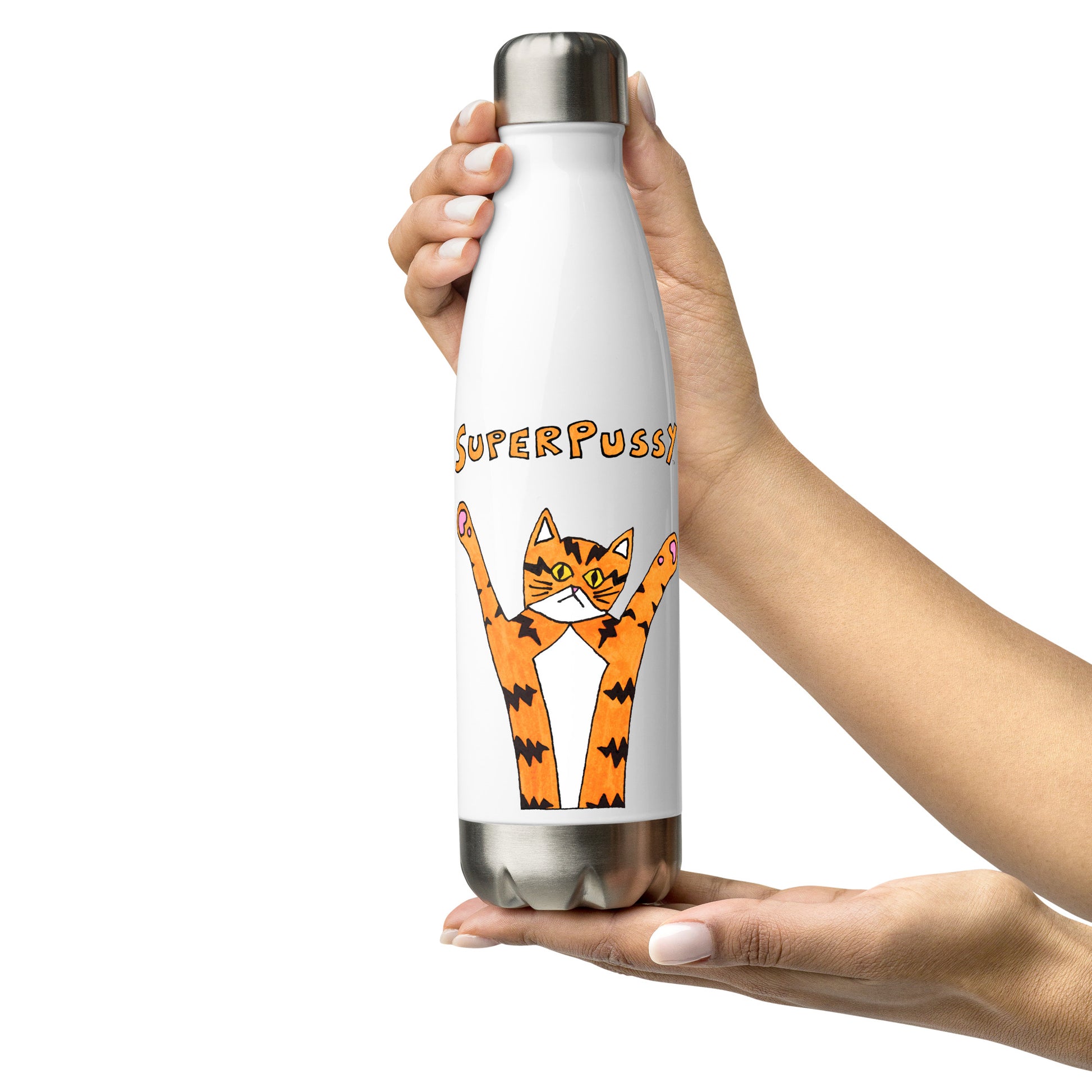 hands holding a white stainless steel water bottle with a steel-colored bottom and lid. On it is a drawing of an orange cat with black stripes and his paws in the air. Above him is his name in orange- "Superpussy"