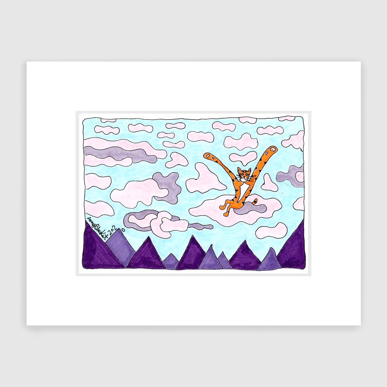 whimsical cat art featuring Superpussy-a cartoon orange cat with his paws in the air-is floating on pink and lavender clouds above triangle-shaped purple mountains.