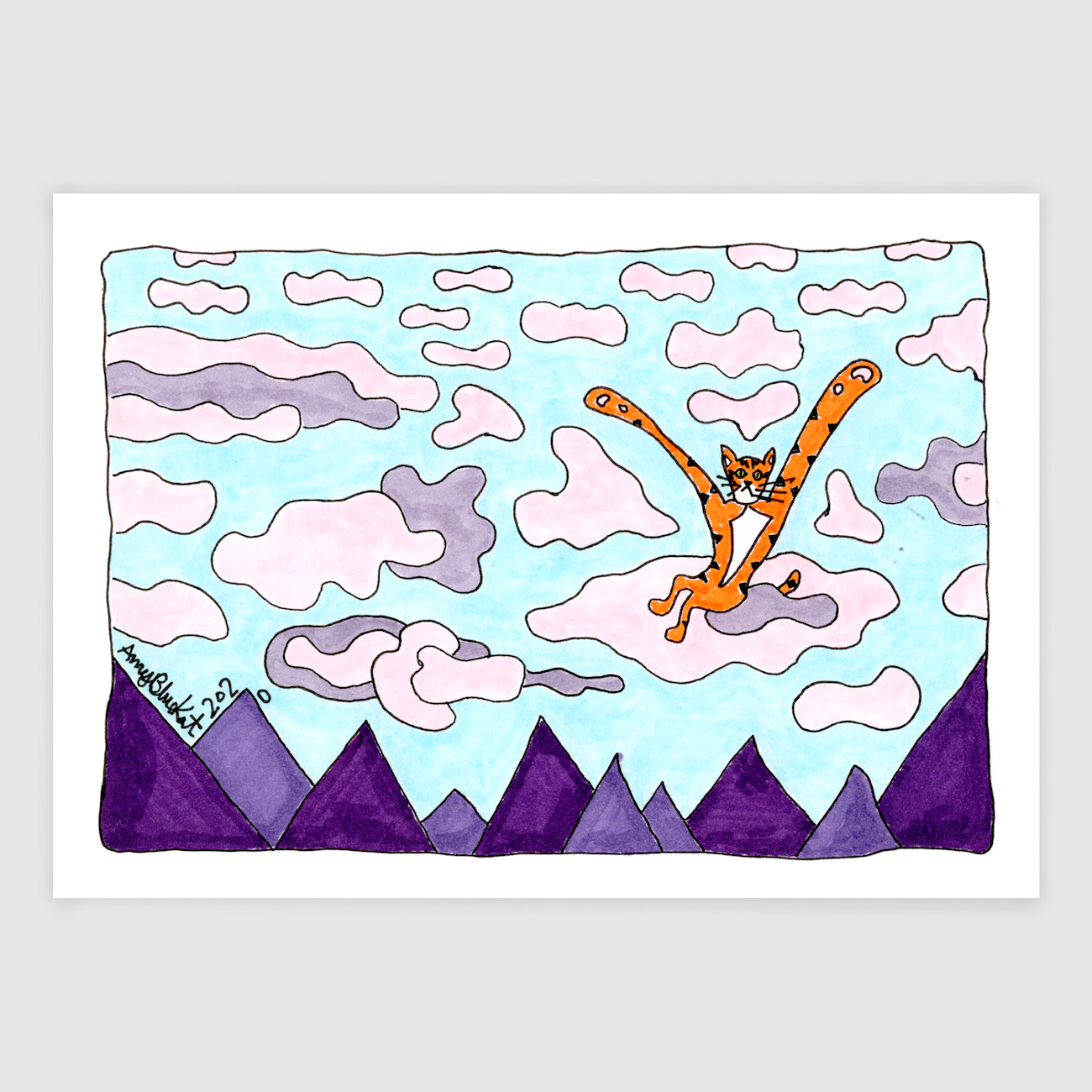 whimsical cat art featuring Superpussy-a cartoon orange cat with his paws in the air-is floating on pink and lavender clouds above triangle-shaped purple mountains.