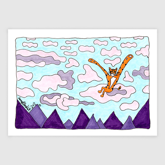 whimsical cat art featuring Superpussy-a cartoon orange cat with his paws in the air-is floating on pink and lavender clouds above triangle-shaped purple mountains.