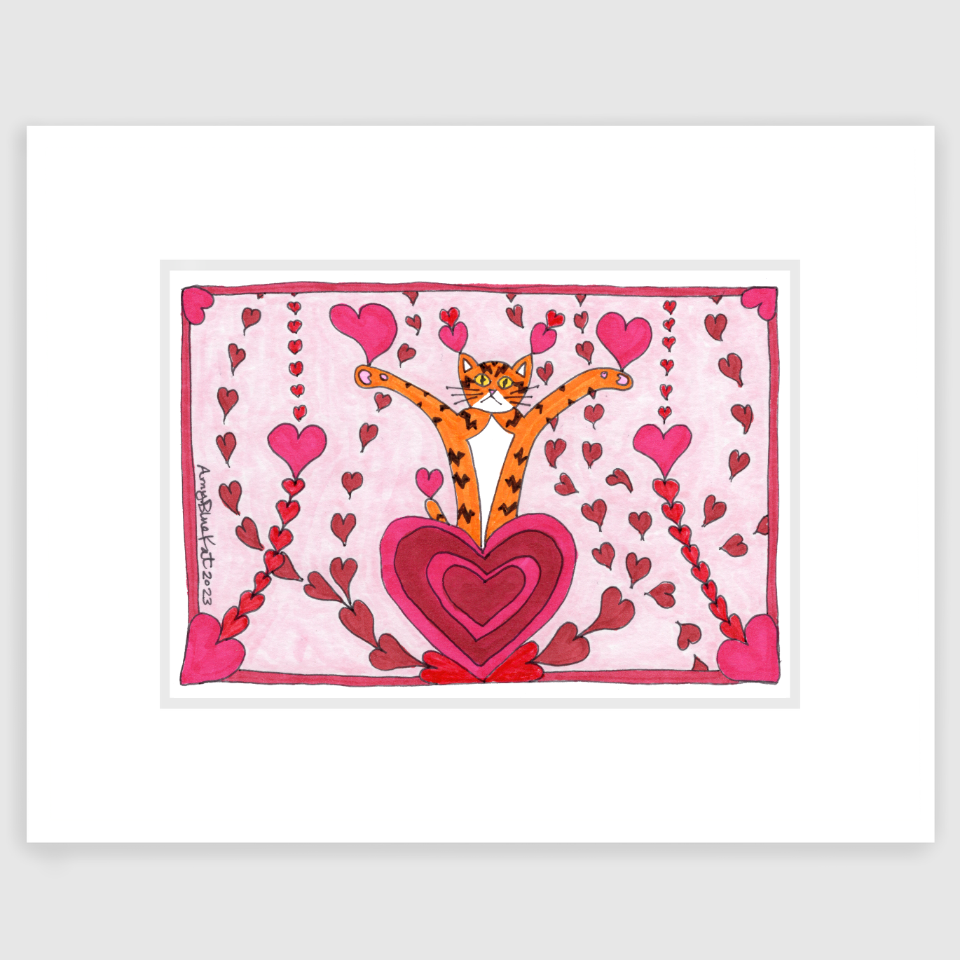 Superpussy-an orange tabby cat with his paws in the air-appears to be coming out of a big red and pink heart. Red and pink hearts bubble out of the big heart and the corners.