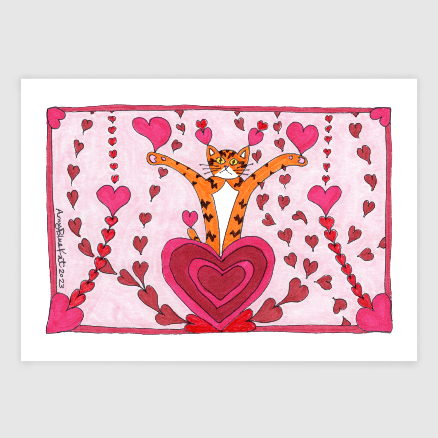 Superpussy-a cartoon orange cat with his paws in the air-is bursting out of a red and pink heart with red and pink hearts all around.