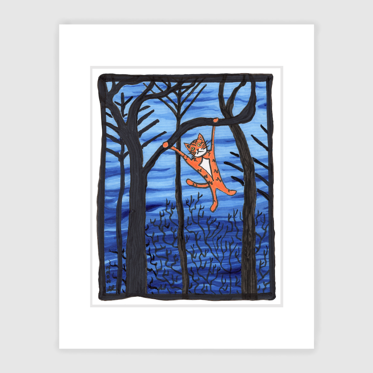 Matted wall art of Superpussy-a cartoon orange cat with his paws in the air-is hanging from a branch in leafless winter woods.