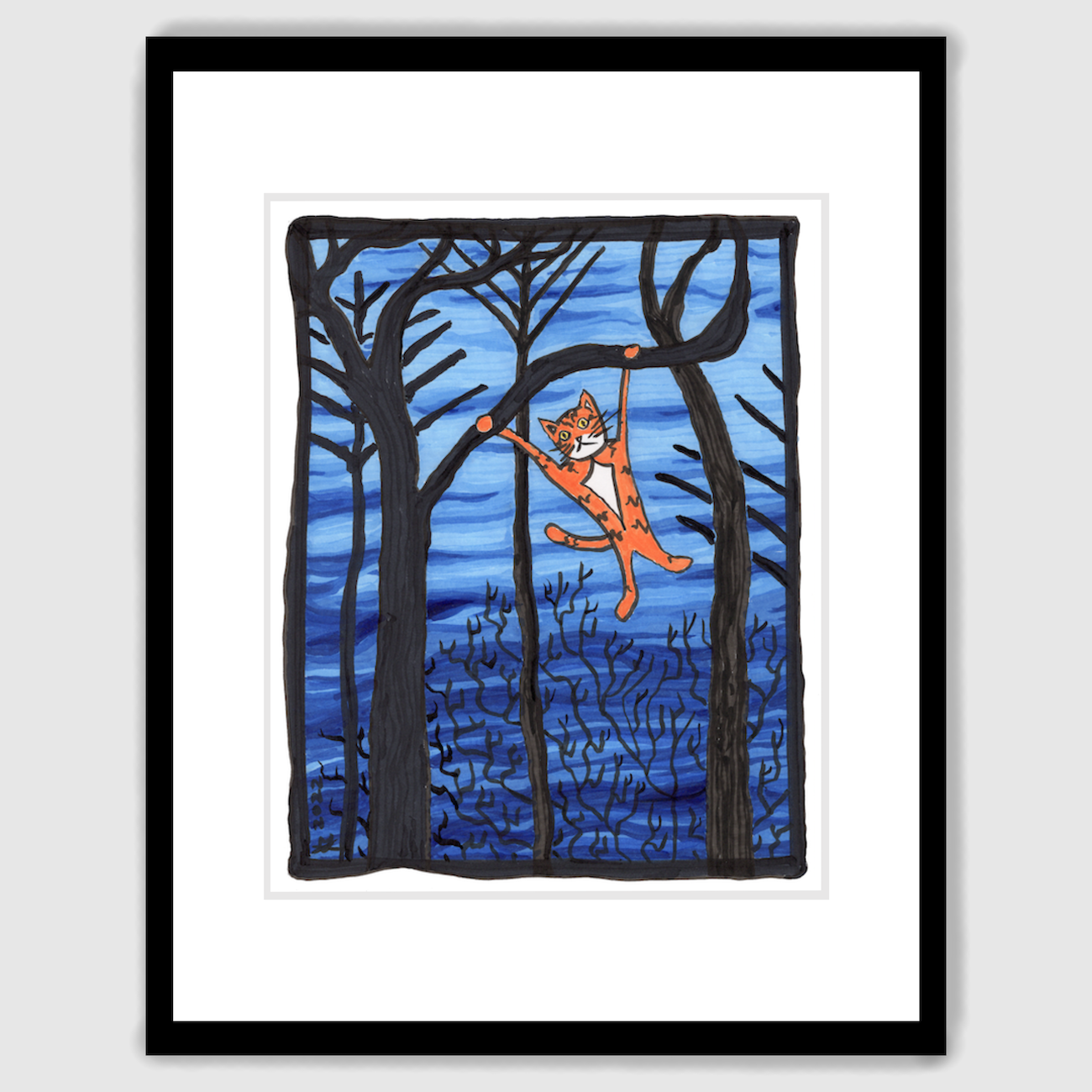 A framed picture of Superpussy-a cartoon orange cat with his paws in the air-is hanging from a branch in leafless winter woods.