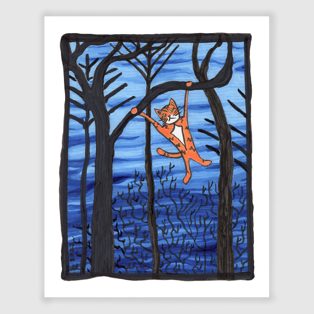 Superpussy-a cartoon orange cat with his paws in the air-is hanging from a branch in leafless winter woods.