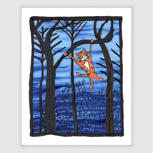Superpussy-a cartoon orange cat with his paws in the air-is hanging from a branch in leafless winter woods.