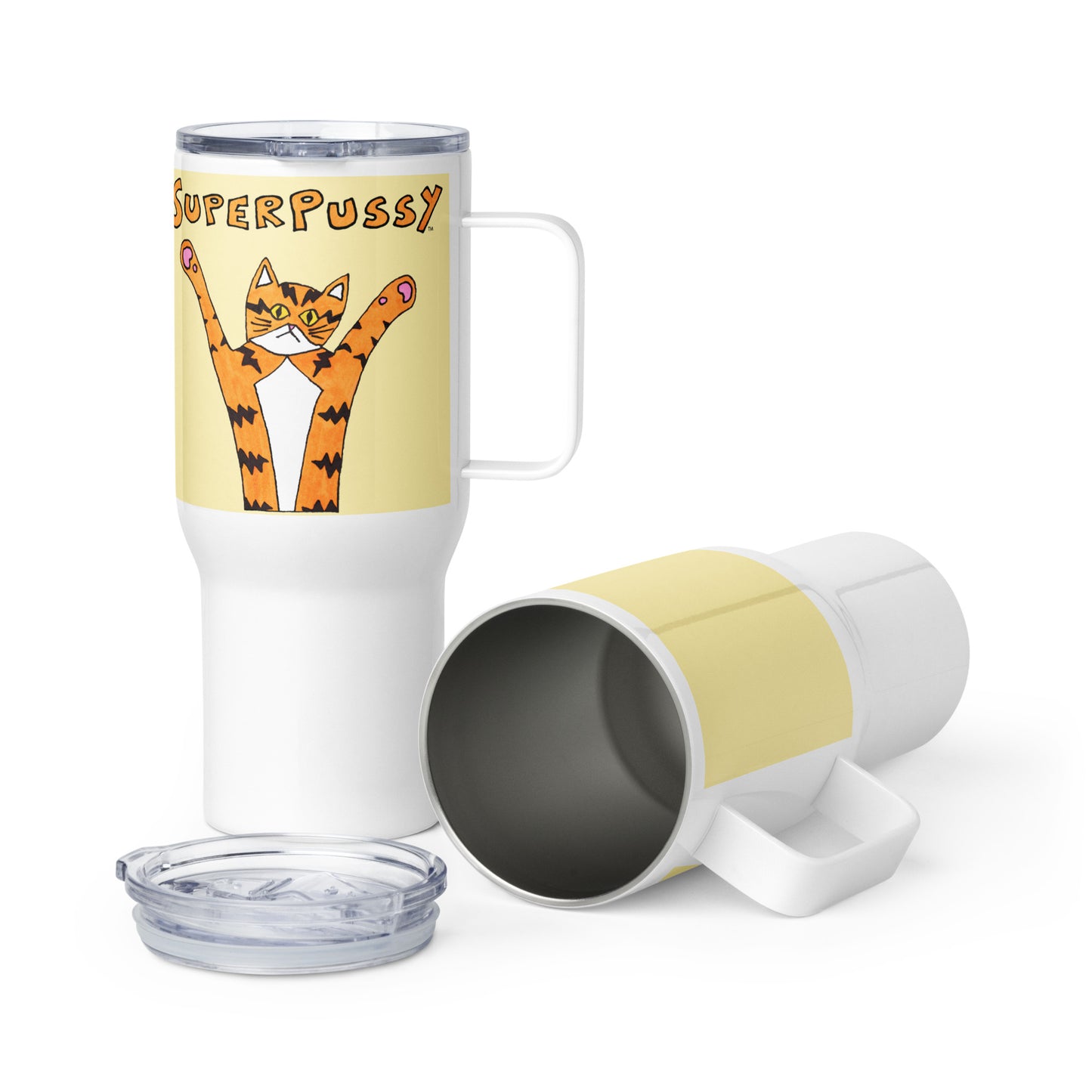 Superpussy Cat Travel Mug with Handle, Yellow, Stainless Steel