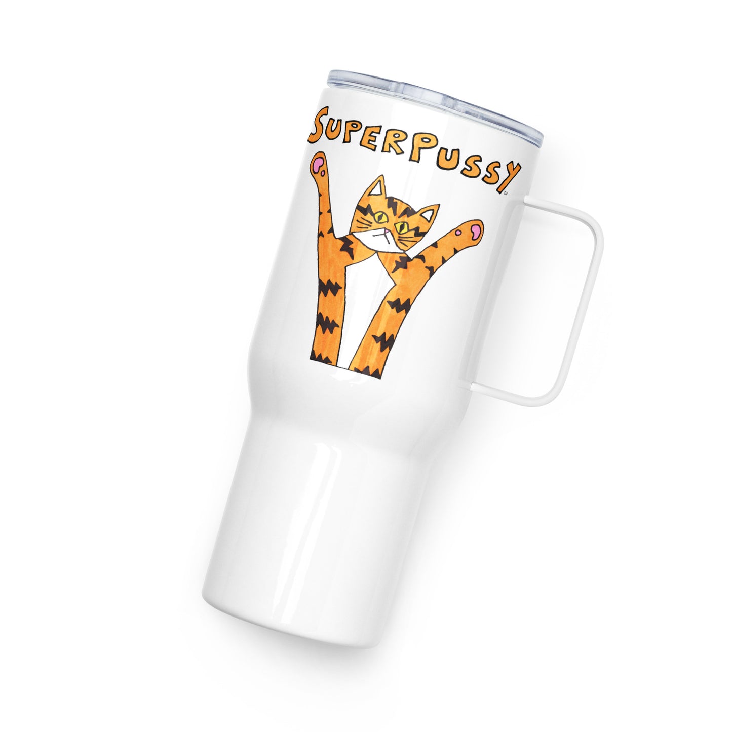 Superpussy Cat Travel Mug with Handle, White, Stainless Steel