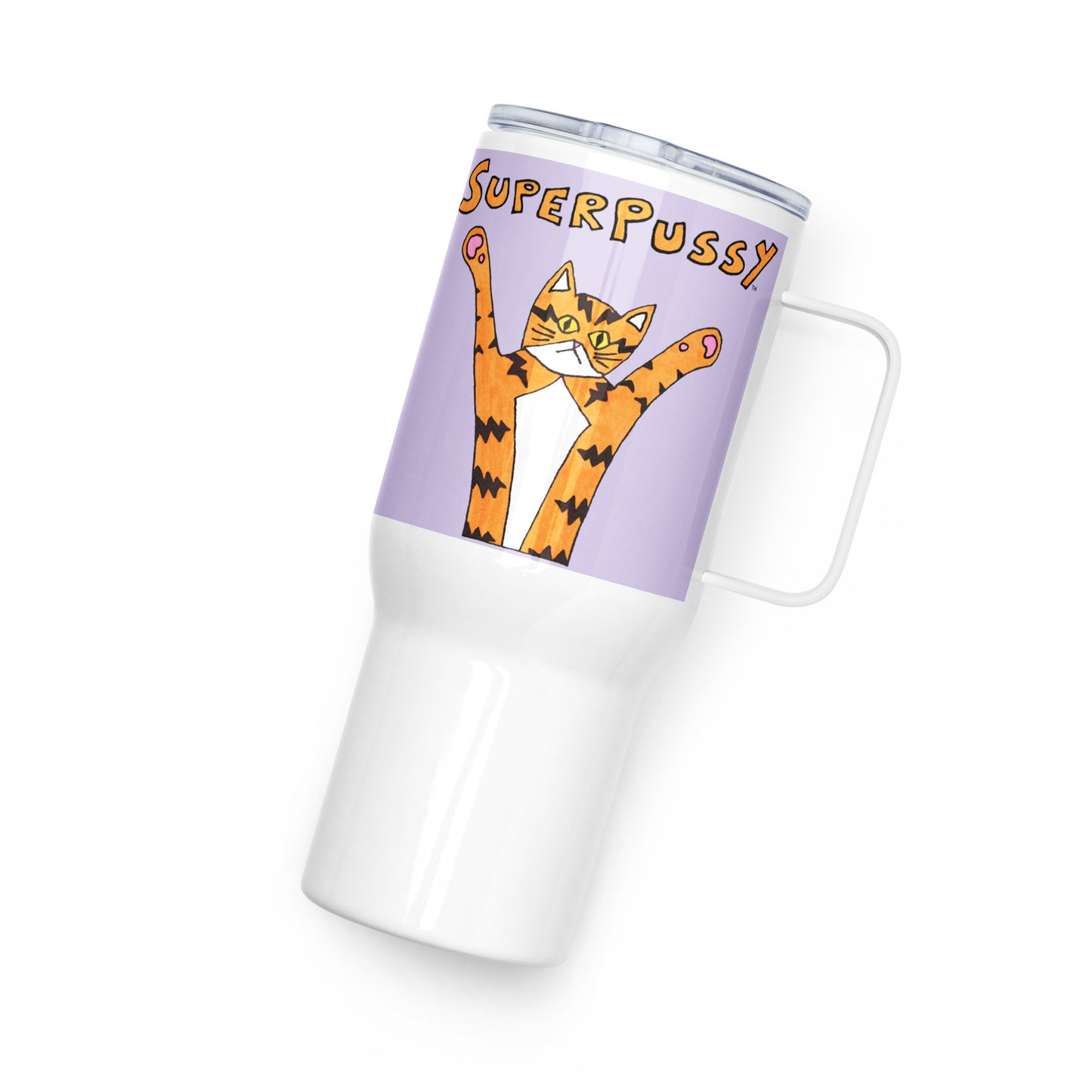 Superpussy Cat Travel Mug with Handle, Lavender Purple, Stainless Steel