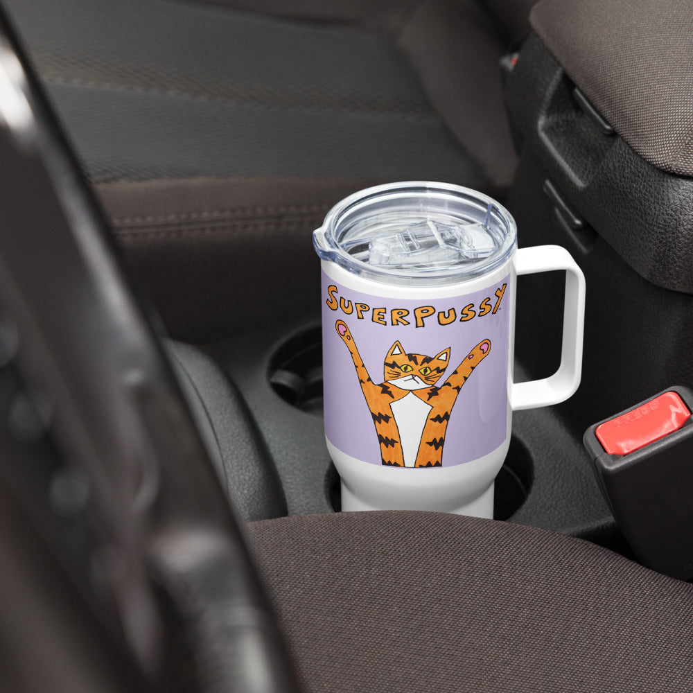 Superpussy Cat Travel Mug with Handle, Lavender Purple, Stainless Steel