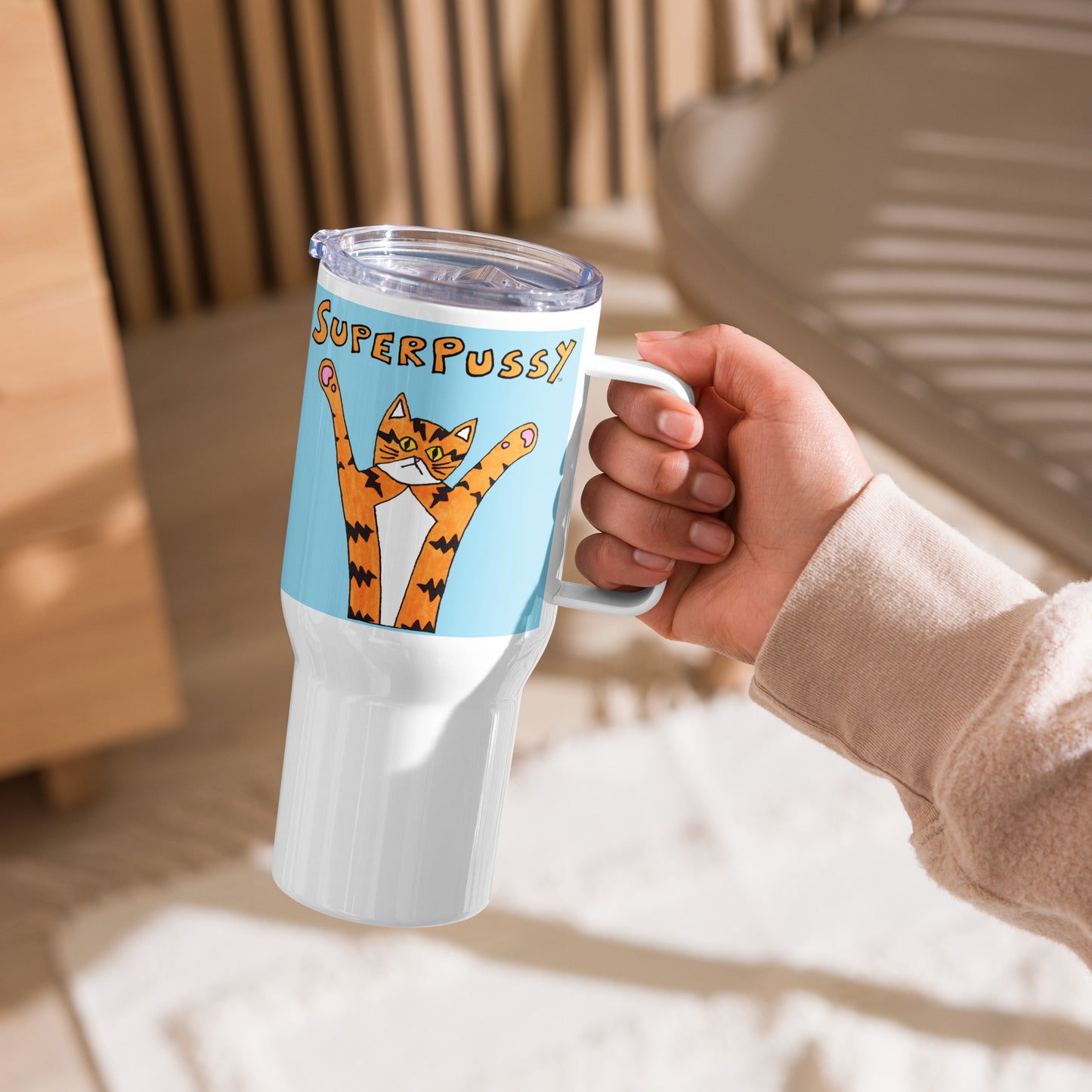 Superpussy Cat Travel Mug with Handle, Blue, Stainless Steel