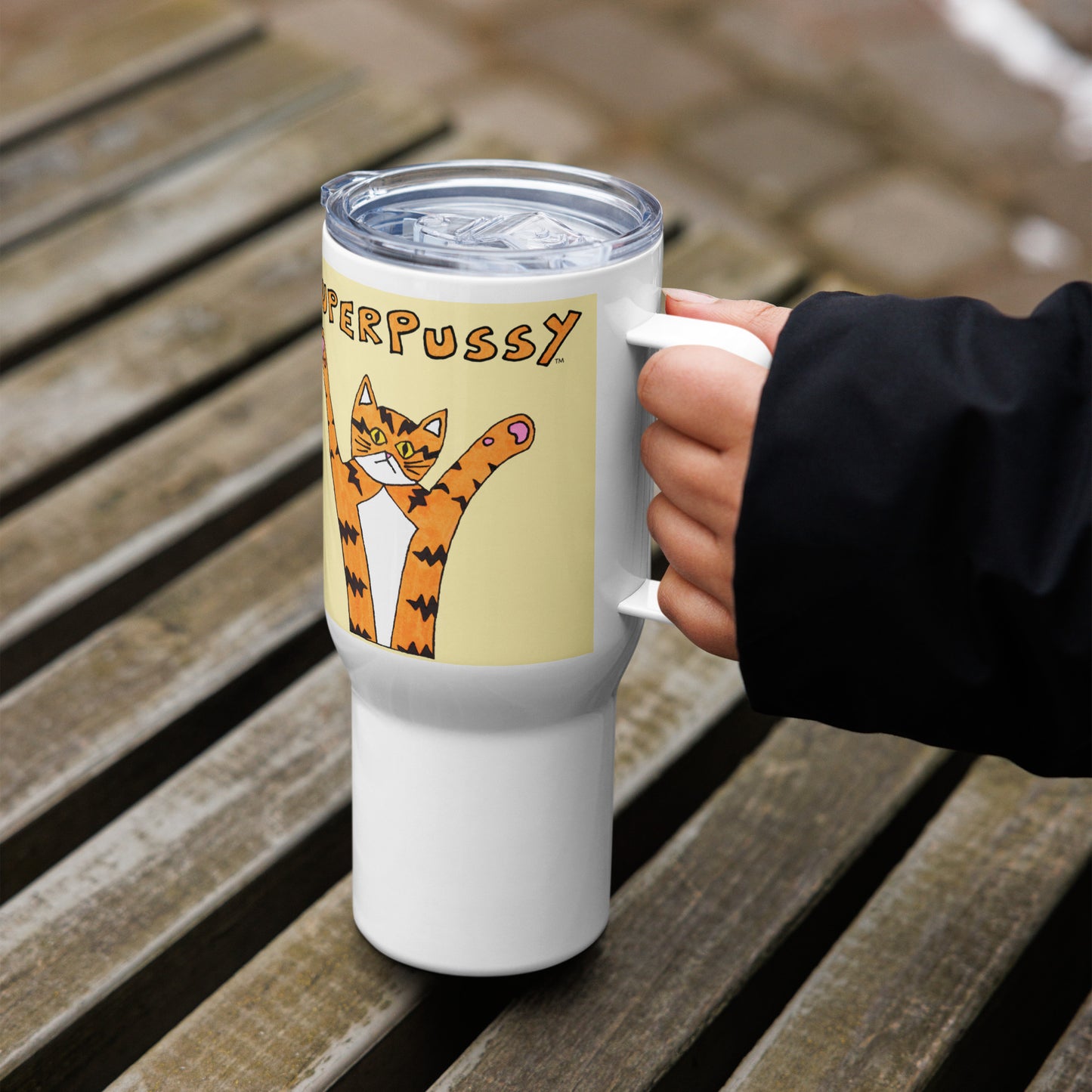 Superpussy Cat Travel Mug with Handle, Yellow, Stainless Steel