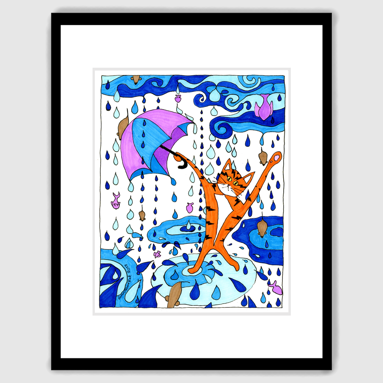 framed Whimsical Cat art print featuring Superpussy-an orange cat-standing in the rain. He's holding a blue and purple umbrella and there are raindrops and mice and fish raining upon him. 