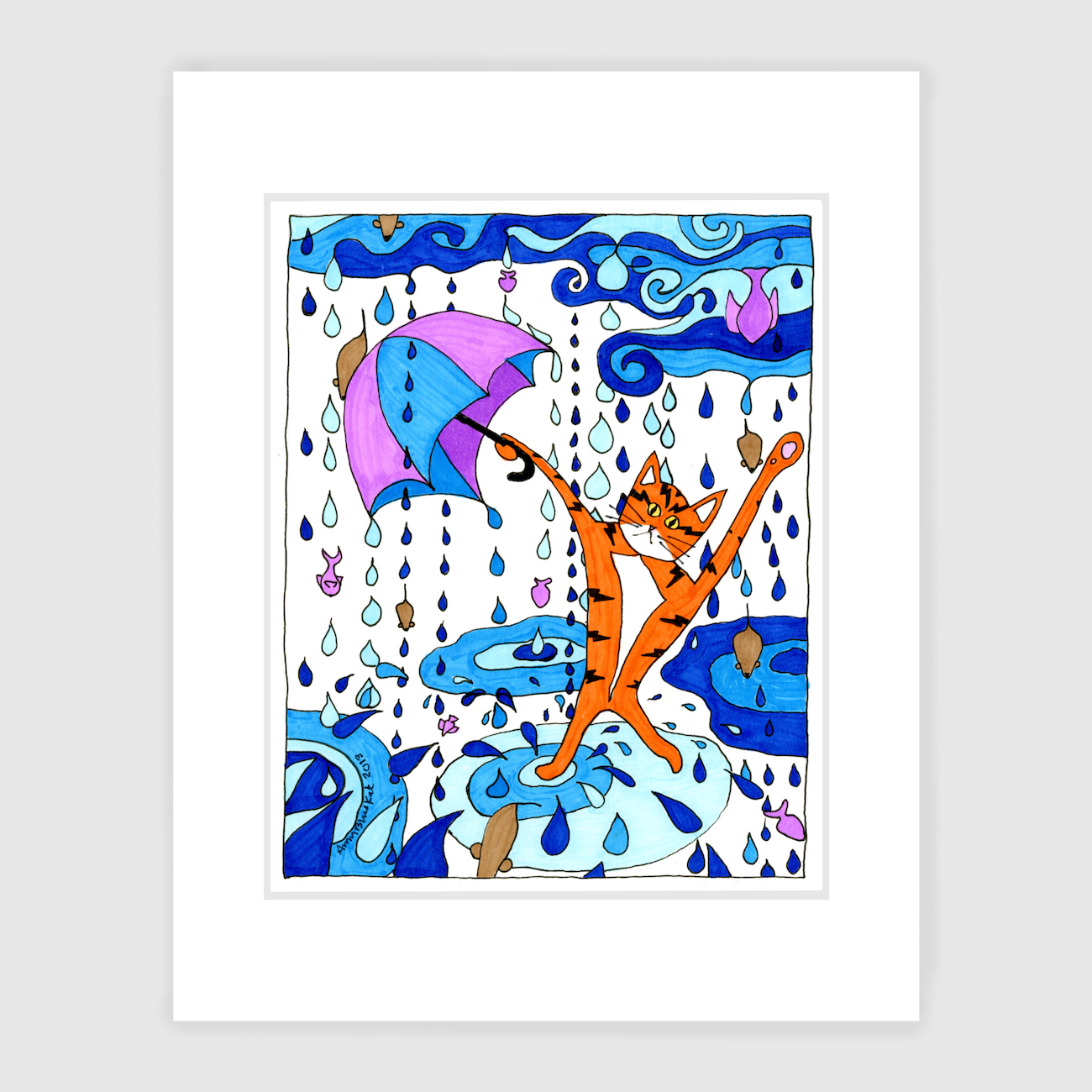 Whimsical Cat art print featuring Superpussy-an orange cat-standing in the rain. He's holding a blue and purple umbrella and there are raindrops and mice and fish raining upon him. 