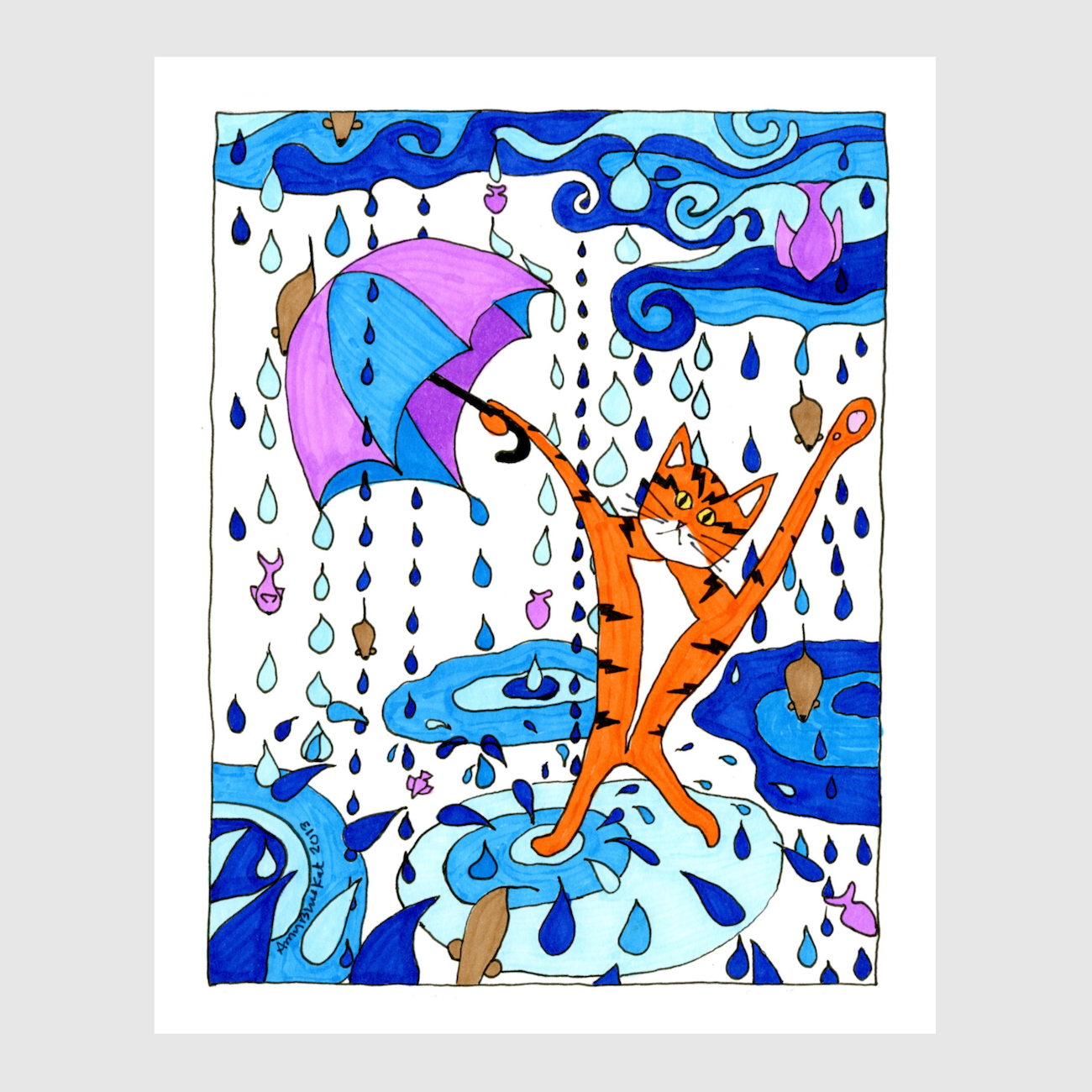 Whimsical Cat art print featuring Superpussy-an orange cat-standing in the rain. He's holding a blue and purple umbrella and there are raindrops and mice and fish raining upon him. 
