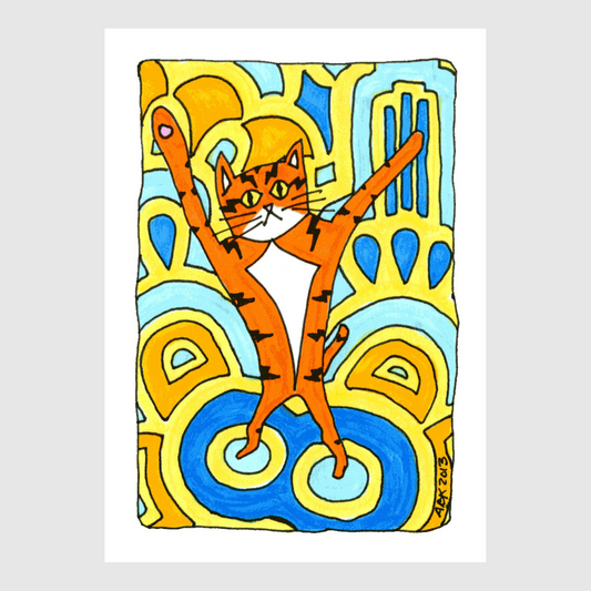 An art print of Superpussy-an orange cat-dancing with his paws in the air on a funky blue, yellow, and gold floor.