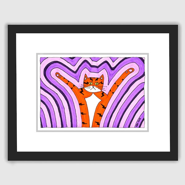 framed cat print featuring an orange tabby cat  in front of 70's style purple background.