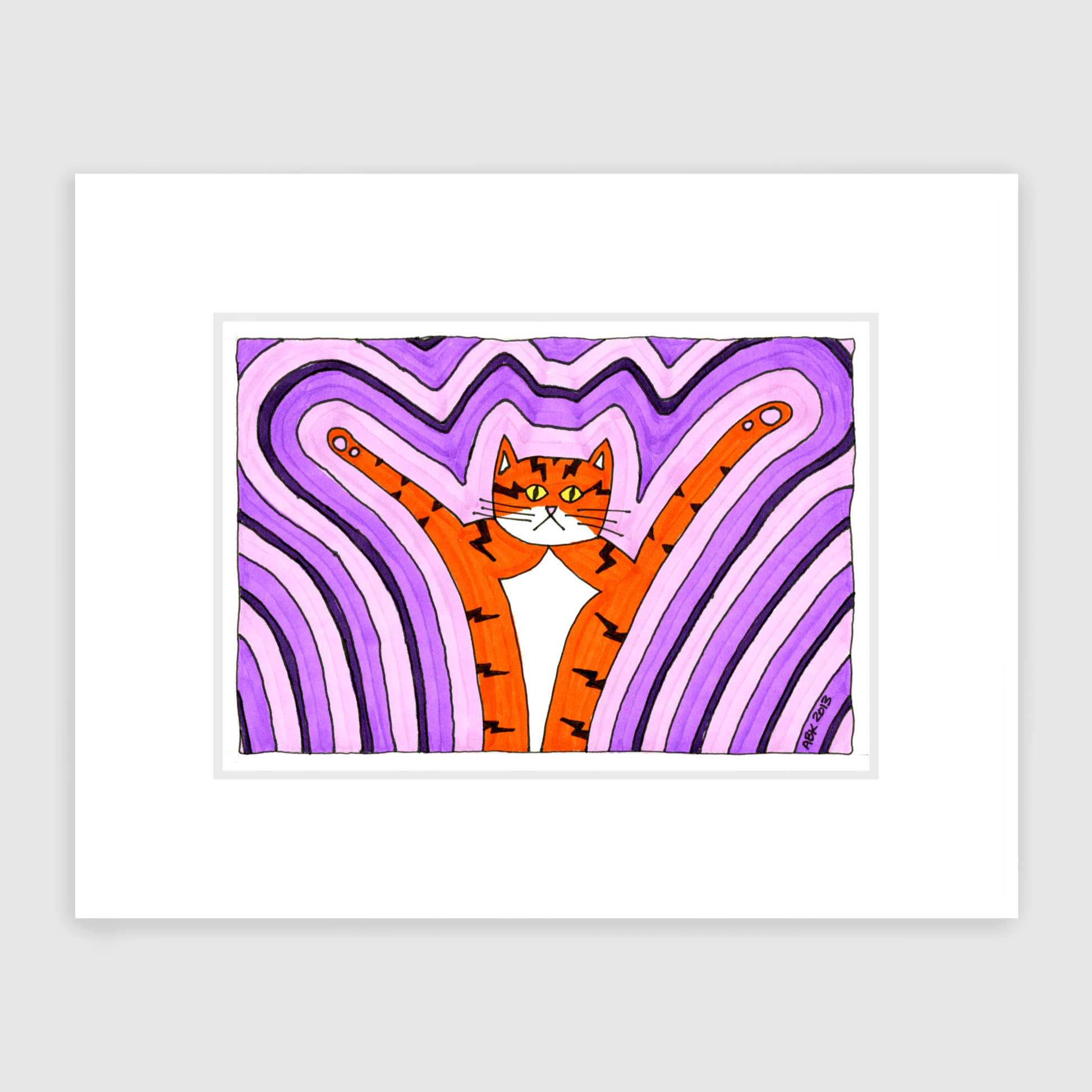 cat art featuring superpussy, an orange cat with raised paws, in front of 70's style pink and purple background