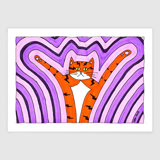 cat art featuring a tabby cat, in front of a trippy pyschedelic purple background