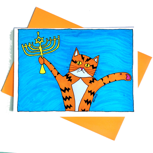 Superpussy the Cat is holding a Hanukkah menorrah.