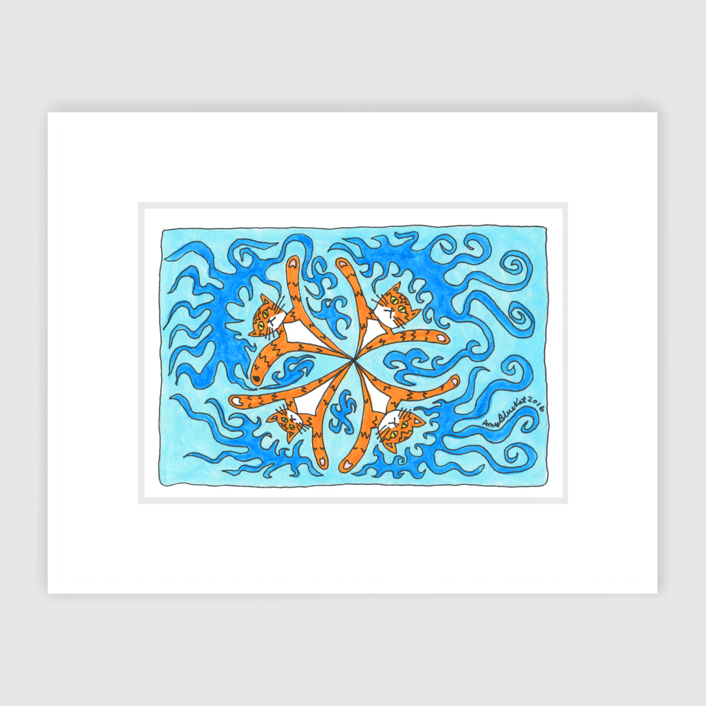 An art print of a whimsical drawing featuring Four Superpussy's-an orange tabby cat-- In a kaleidoscope pattern. Reminiscent of synchronized swimming, they are on a blue background with darker blue swirlies around them, as if in water.