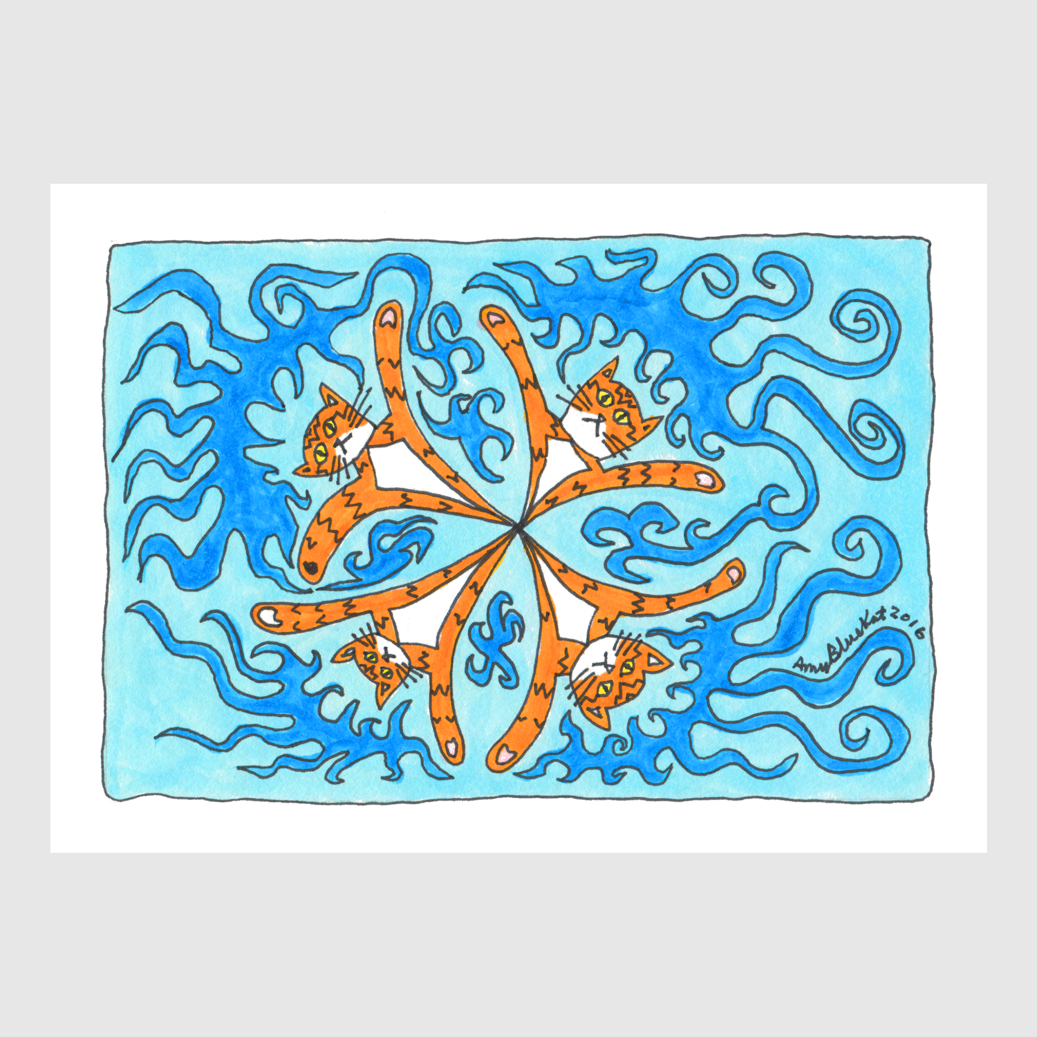 An art print of a whimsical drawing featuring Four Superpussy's-an orange tabby cat-- In a kaleidoscope pattern. Reminiscent of synchronized swimming, they are on a blue background with darker blue swirlies around them, as if in water.
