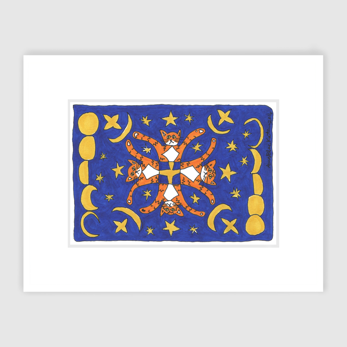 An art print of a whimsical drawing featuring Four Superpussy's-an orange tabby cat-- In a kaleidoscope pattern. They are on a midnight blue background with yellow stars and moons around them, as if in the night sky.