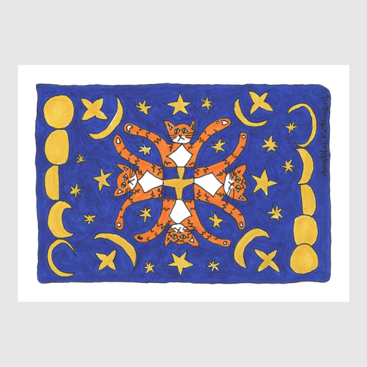 An art print of a whimsical drawing featuring Four Superpussy's-an orange tabby cat-- In a kaleidoscope pattern. They are on a midnight blue background with yellow stars and moons around them, as if in the night sky.