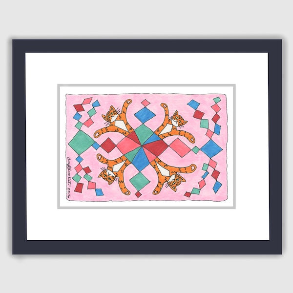 A framed whimsical drawing of Four Superpussy's-an orange tabby cat- in a kaleidoscope pattern with colored diamonds or kites on a pink background