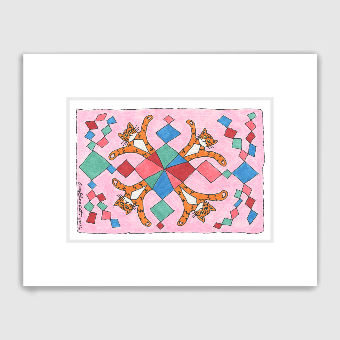 A whimsical drawing of Four Superpussy's-an orange tabby cat- in a kaleidoscope pattern with colored diamonds or kites on a pink background