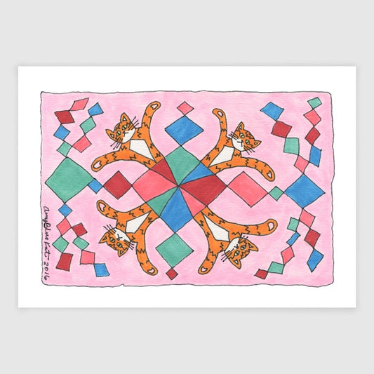 Four Superpussies in a kaleidoscope pattern with colored diamonds or kites on a pink background