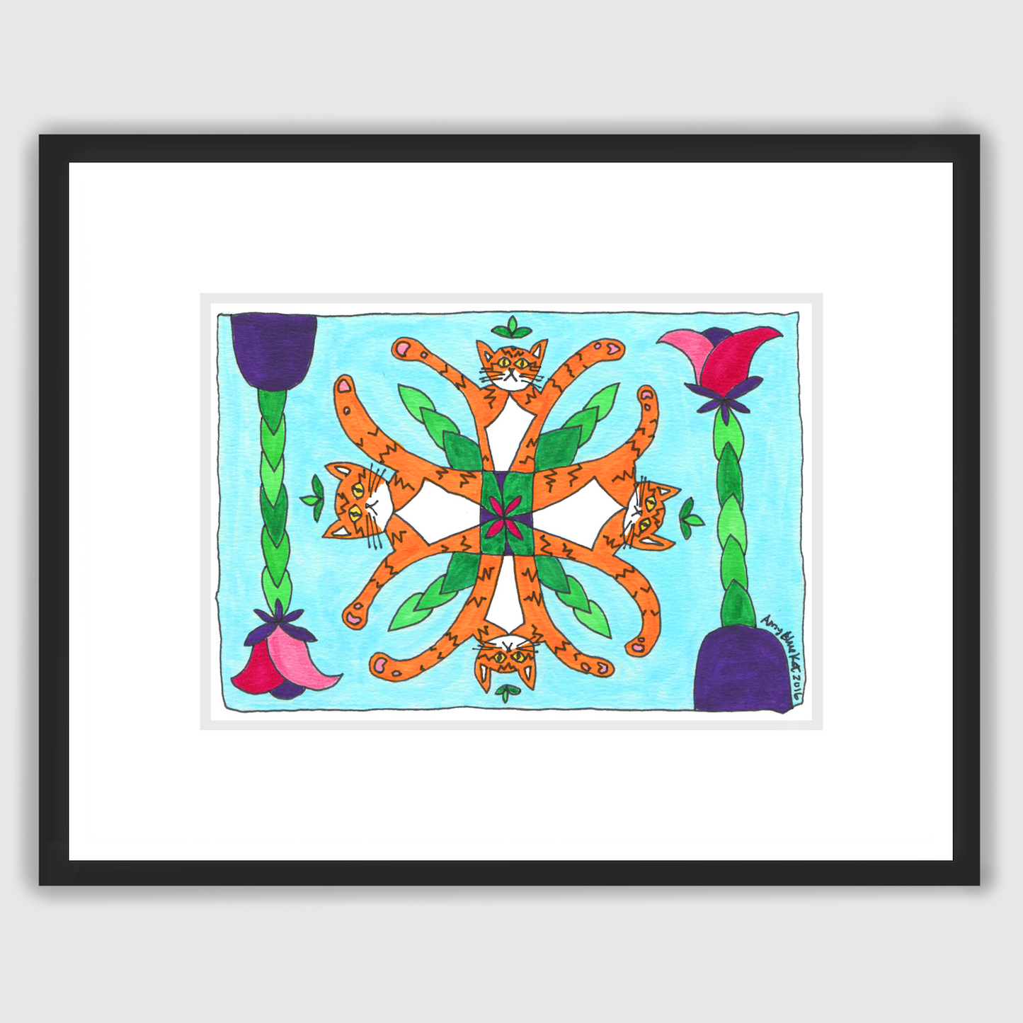 A framed whimsical drawing of four Superpussy's-an orange tabby Cat- in a kaleidoscope pattern. 