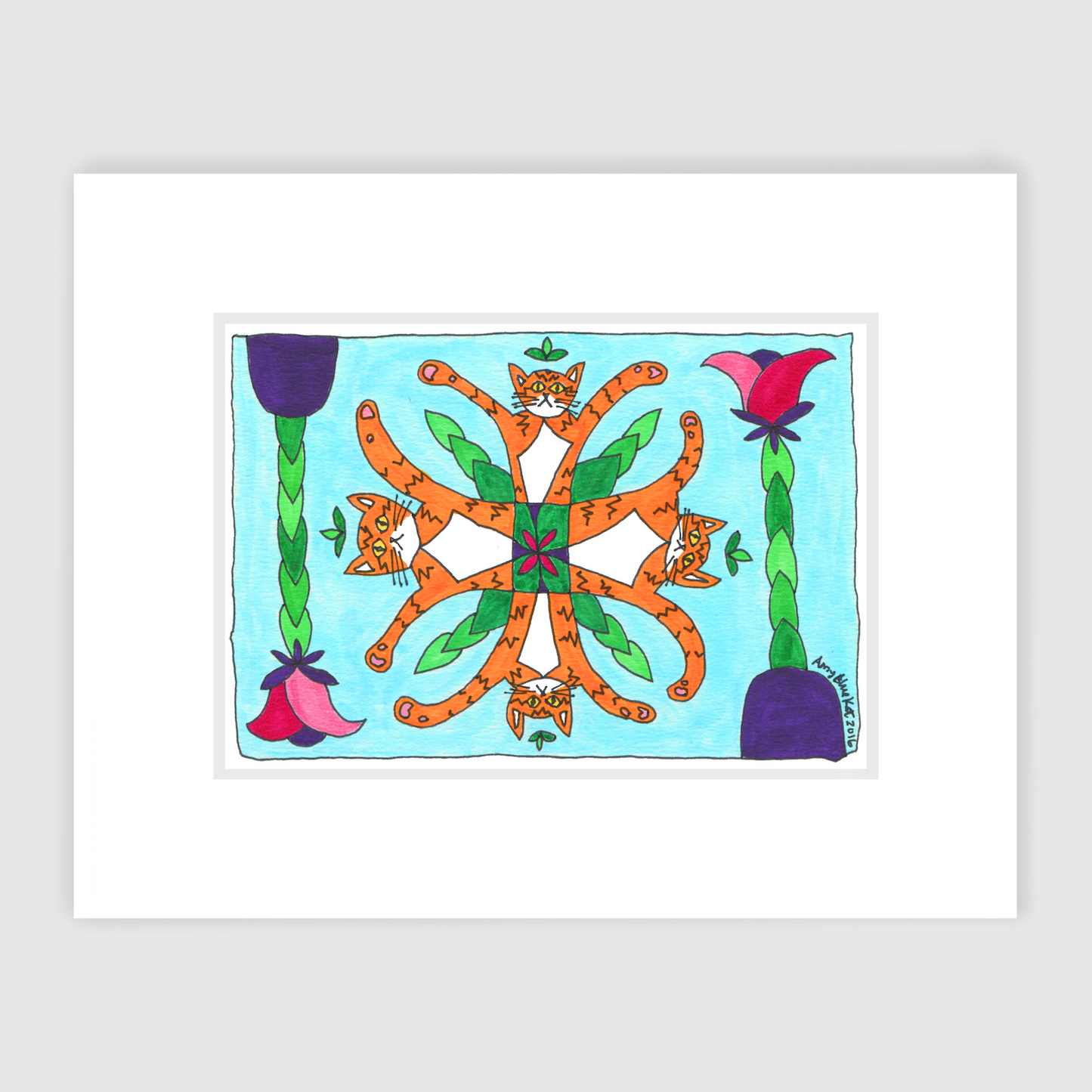 A whimsical drawing of four Superpussy's-an orange tabby Cat- in a kaleidoscope pattern. 
