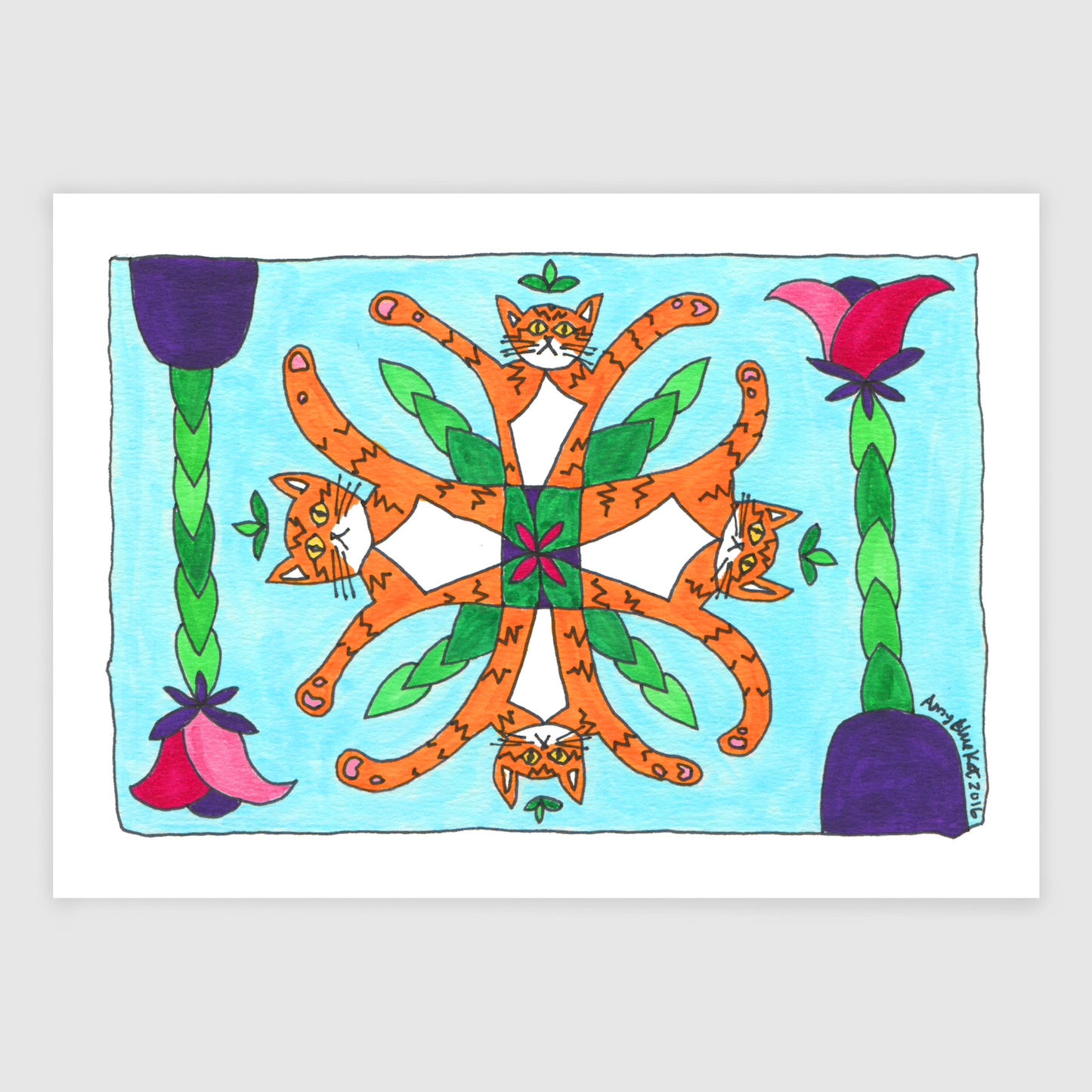 A whimsical drawing of four Superpussy's-an orange tabby Cat- in a kaleidoscope pattern. 