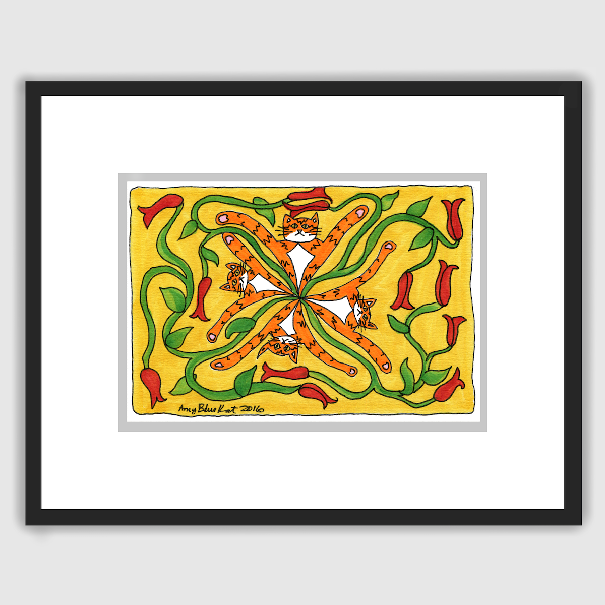 A framed print of a whimsical drawing featuring Four Superpussy's-an orange tabby cat-- In a kaleidoscope pattern with red flower buds on green vines on a yellow background. 