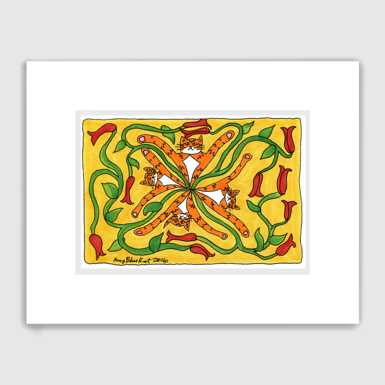 Four Superpussies! In a kaleidoscope pattern with red flower buds on green vines on a yellow background. 