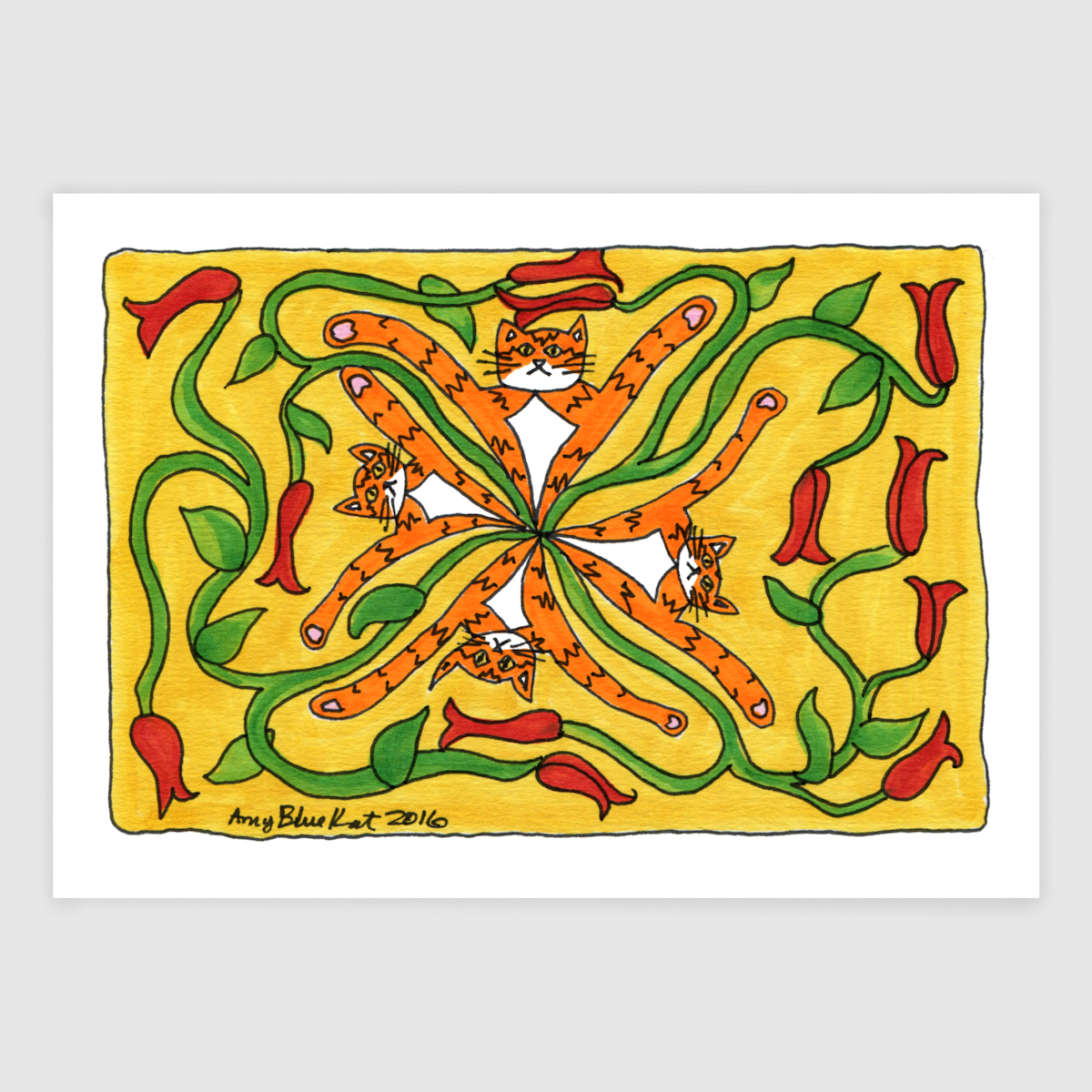 Four Superpussies! In a kaleidoscope pattern with red flower buds on green vines on a yellow background. Links to art print shop page.