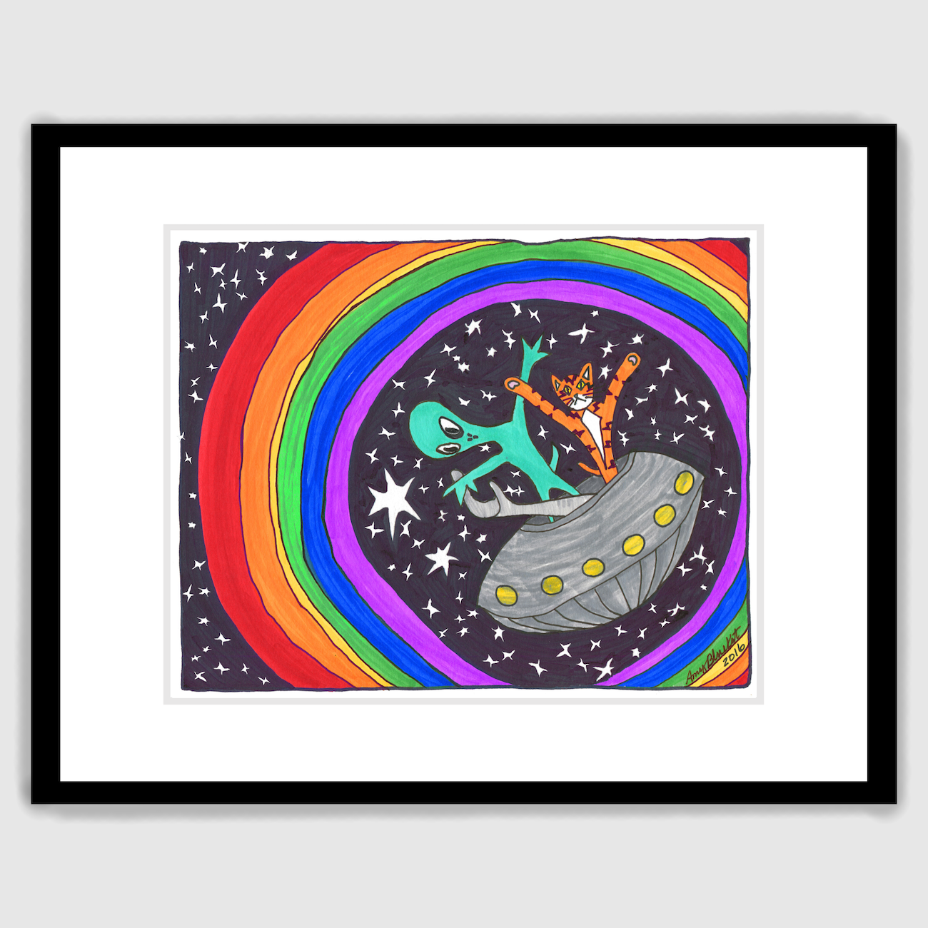 Framed fun cat drawing of an orange cat and an Alien traveling through a rainbow portal in space in this spaceship art