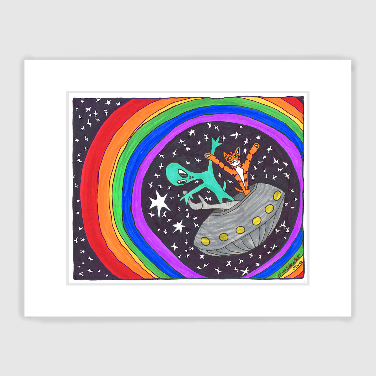 Alien cat print featuring a rainbow outer space theme.
