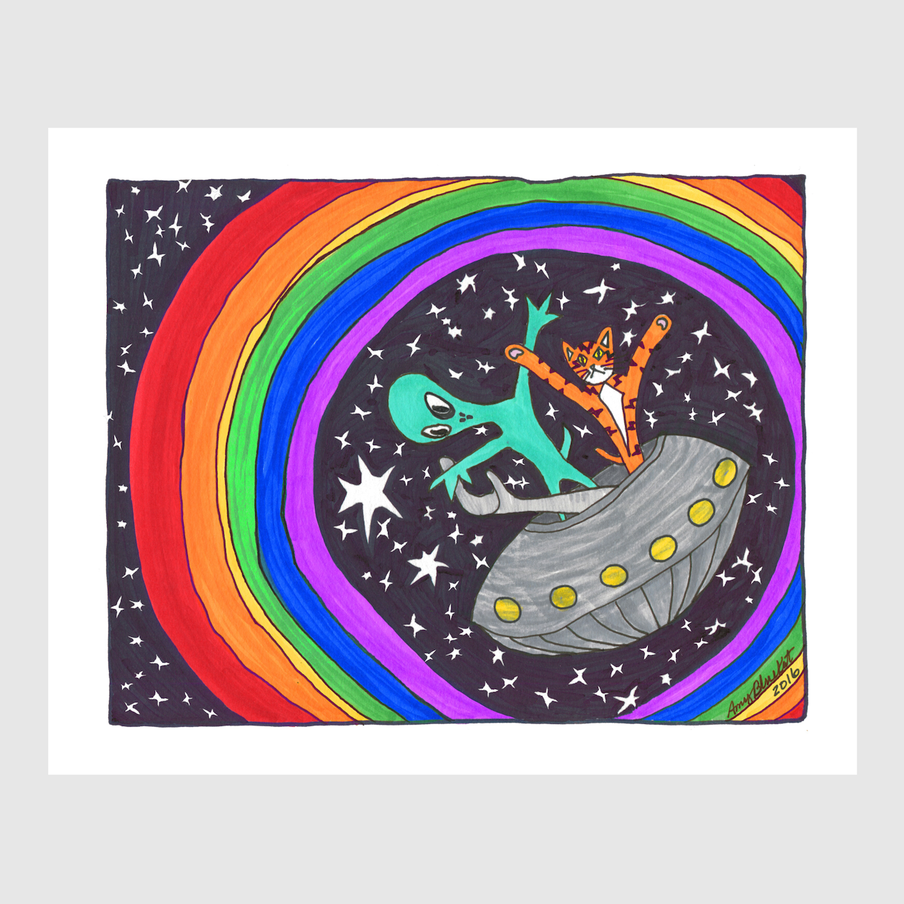 Spaceship art featuring an orange cat and alien traveling through a rainbow portal. 