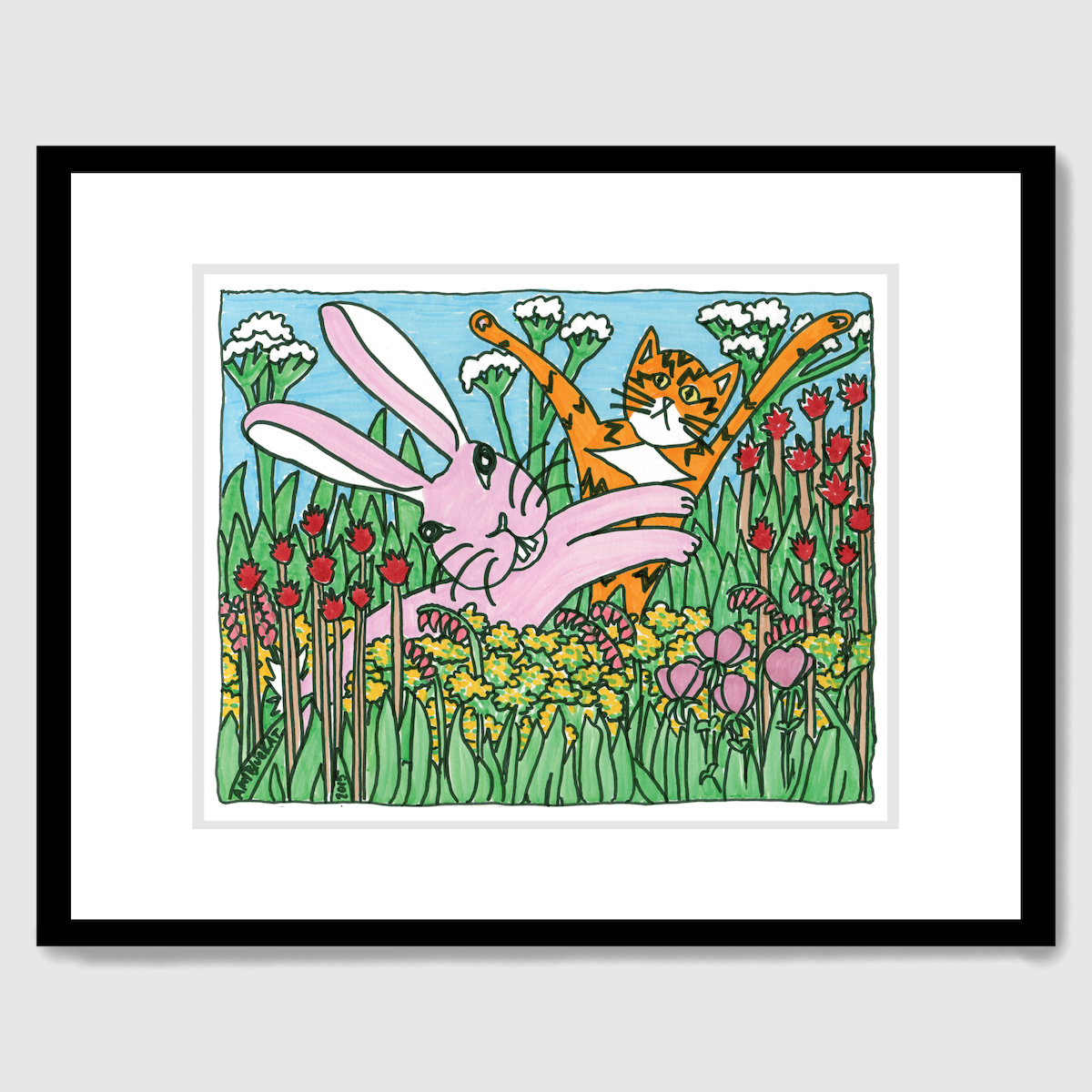A framed cat art print of Superpussy-an orange cat with black stripes like lightning bolts and his paws in the air- is with a bunny rabbit jumping through a field of colorful blooming flowers.