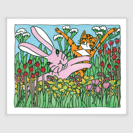 Superpussy-an orange cat with black stripes like lightning bolts and his paws in the air- is with a bunny rabbit jumping through a field of colorful blooming flowers.