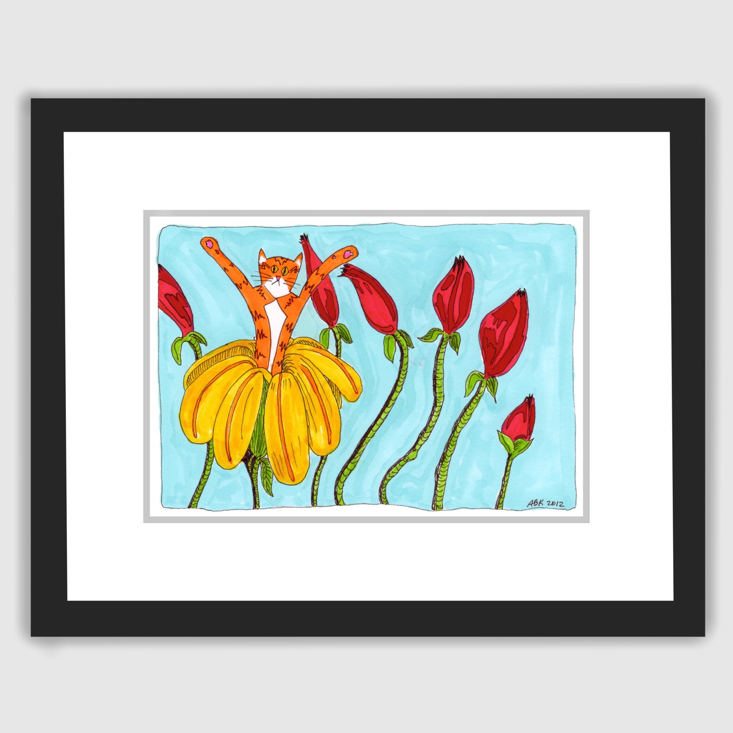 framed Whimsical cat art featuring Superpussy-an orange cat-blossoming out of a flower, in front of several red flowers still closed.