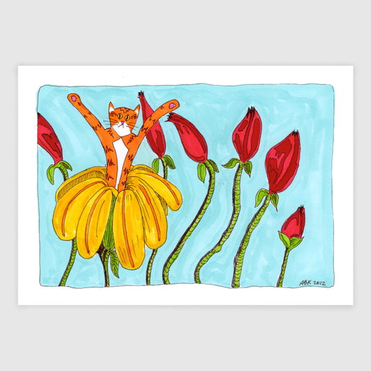 Whimsical cat art featuring Superpussy-an orange cat-blossoming out of a flower, in front of several red flowers still closed.