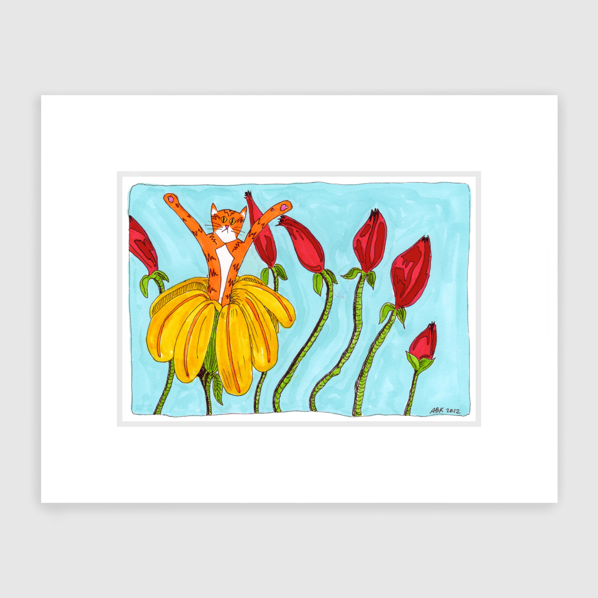 Whimsical cat art featuring Superpussy-an orange cat-blossoming out of a flower, in front of several red flowers still closed.
