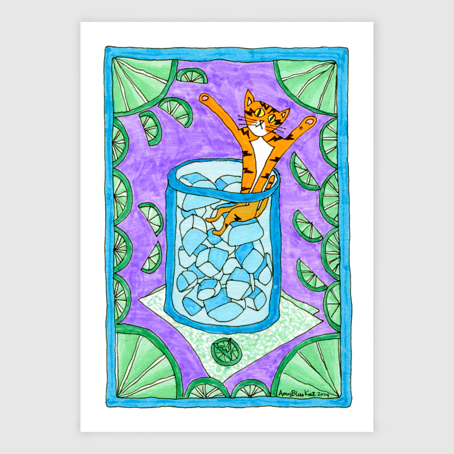 A colorful drawing of Superpussy sitting inside a glass filled with ice cubes. He is an orange cat with black stripes like lightning bolts and his paws in the air.  The glass is a tall blue tumbler, clear enough to see its full of ice cubes. You can see Superpussy sitting on one cube. The background is purple and the main drawing is Bordered by blue trim with slices of green limes all around.