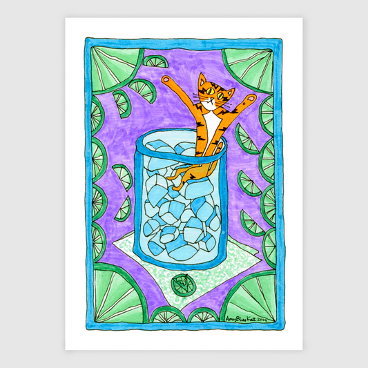 A colorful drawing of Superpussy sitting inside a glass filled with ice cubes. He is an orange cat with black stripes like lightning bolts and his paws in the air.  The glass is a tall blue tumbler, clear enough to see its full of ice cubes. You can see Superpussy sitting on one cube. The background is purple and the main drawing is Bordered by blue trim with slices of green limes all around.